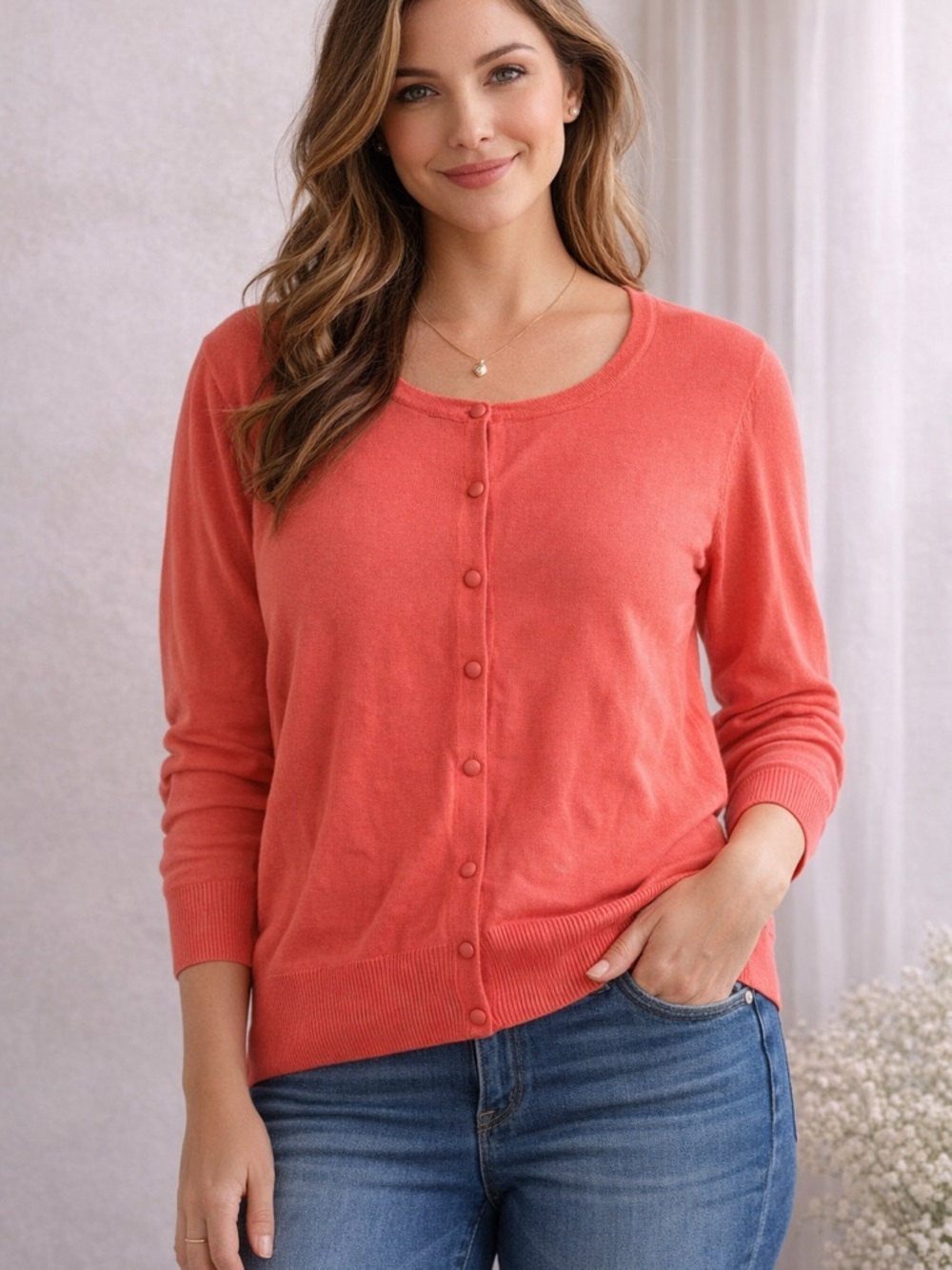 New York & Company Coral Button-Front Crew 3/4 Sleeve Cardigan Sweater Size XL - Picture 3 of 7